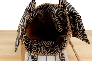 Handmade woven straw bag with zebra print lining and bow, casual summer beach handbag for women