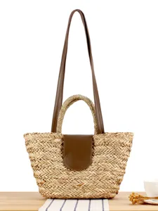 Borsa a Mano in Paglia Tessuta per Donna Casual Vacanze al Mare Tote Bag PU Pelle Giunta Manico Superiore Borsa a Tracolla