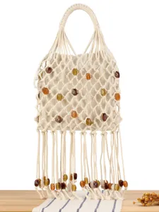 Womens Hollow Out Woven Handbag Cotton Cord Tassel Beaded Tote Bag Casual Vacation Top Handle Bag For Women
