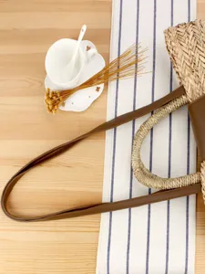 Borsa tote intrecciata in paglia naturale e PU da donna, elegante borsa da spiaggia casual.