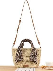 Women's Fashion Straw Woven Crossbody Bag Handmade Casual Seaside Vacation Shoulder Bag With Zebra Print Scarf