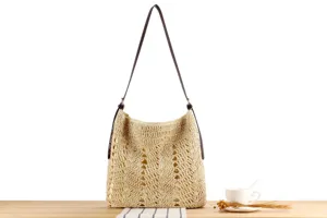 Sac a epaule en paille tressee pour femme, sac cabas de plage decontracte et elegant.