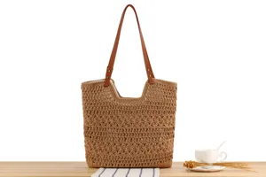 Handcrafted crochet tote bag with brown leather handles, casual hollow-out summer beach shoulder bag.