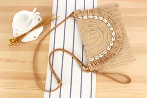 Straw woven crossbody bag with shell fringe bohemian beach resort casual shoulder handbag for women