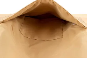 Detailed interior view of women's woven straw bag showing inner pocket and lining structure.