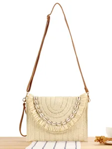 Women Woven Straw Crossbody Bag Casual Beach Vacation Handbag Shell Tassel Shoulder Bag Daily Fashion Purse