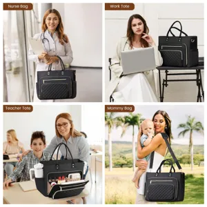 Multi-functional black quilted tote bag for women work laptop nurse teacher mommy bag
