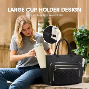 Black teacher tote bag for women work laptop bag large cup holder nurse bag stylish design