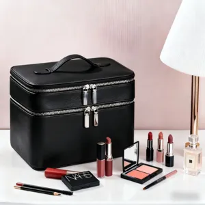 Hoogwaardige dubbellaags PU lederen cosmetische tas met extra grote capaciteit voor thuisreizen.