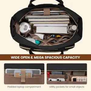 Large capacity teacher tote bag with padded laptop compartment and multiple utility pockets for work.