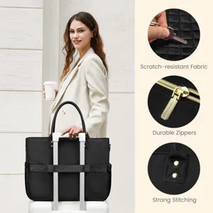 Black nylon work tote bag for women, large capacity laptop bag with luggage strap and pockets.