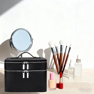 Zwarte dubbellaagse make-up tas PU lederen cosmetische organizer opbergdoos detail weergave