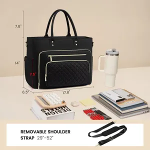 Black work tote bag for women, large capacity laptop bag with pockets and removable shoulder strap.