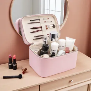 Roze dubbellaagse PU lederen cosmetische tas, grote make-up organizer met penselenhouders.
