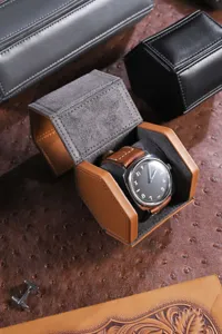 Zeshoekige horloge opbergdoos draagbare horlogecollectie display in bruin leer