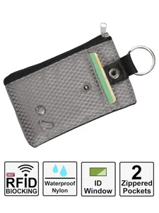 Kleine RFID beschermende pashouder portemonnee met sleutelhanger en handige ritsvakken.