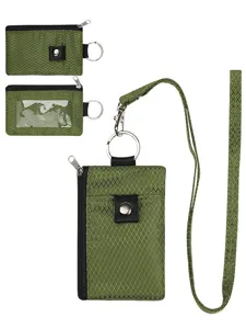 Mini portemonnee kaarthouder met koord, compact groen ripstop nylon tasje met halsband.