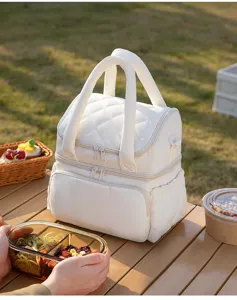 White quilted double layer insulated lunch bag stylish portable cooler bag for women work commuter