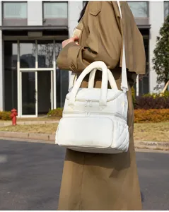 Quilted insulated lunch bag for women, double layer commuter bento handbag white