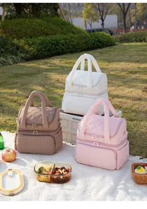 Insulated lunch bag double deck cooler bag quilted portable picnic lunch box tote for women