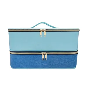 Dubbellaagse haarstyling tool opbergtas draagbare reizen cosmetische organizer box blauw