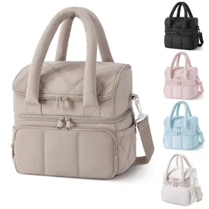 Women Double Layer Insulated Lunch Bag Quilted Oxford Cloth Thermal Lunch Box Tote Pack For Office School Picnic Outdoor Commuting