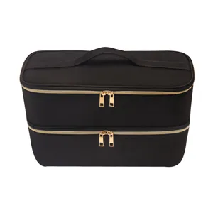 Dubbellaagse haarhulpmiddel opbergtas reizen cosmetische organizer met gouden ritsen handvat.