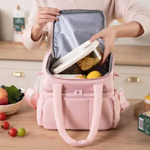 Pink quilted double layer insulated lunch bag for women, stylish thermal bento handbag for work.