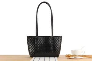 Black woven plastic tote bag for daily casual holiday beach picnic. Stylish and simple women bag.