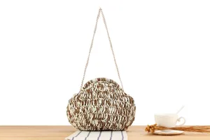 Two-tone handmade woven bag detail view, casual beach vacation style chic women handbag.