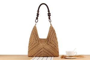 Woven straw shoulder bag with beaded handle casual summer beach handbag daily commuter purse