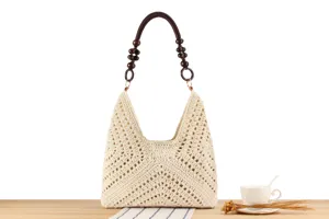Crochet shoulder bag detail with wooden beaded handles, chic design for casual daily and beach.