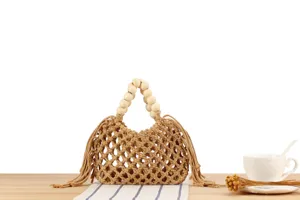 Woven hollow casual fringe macrame tote bag stylish beach vacation wooden bead straw handbag