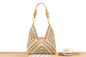 Woven cotton rope shoulder bag with wooden bead handle, casual stylish handbag for women.
