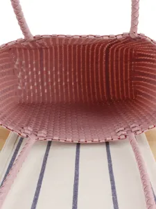 Pink plastic woven tote bag, casual beach vacation market picnic basket for women, daily use.
