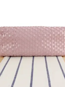 Pink woven plastic basket handbag, casual beach vacation tote bag for daily outdoor use.