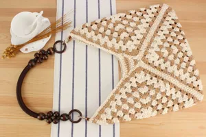 Handmade crochet shoulder bag with wooden bead strap, stylish casual beach vacation woven purse.