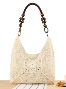 Borsa a Spalla in Cotone Intrecciata a Mano Manico in Perline di Legno Borsa Uncinetto Casual Vacanza Mare Grande Borsa Spesa Donna