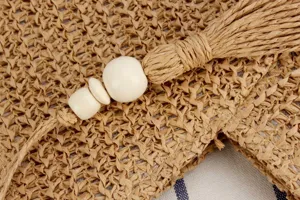 Handcrafted straw woven bag detail close-up, natural casual style for summer beach holiday.
