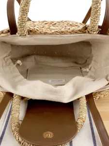 Borsa in paglia intrecciata con manici in pelle PU e fodera in lino, stile vacanza.