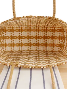 Plastic woven tote bag for women, casual beach handbag, stylish summer shoulder bag.