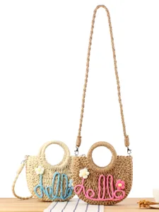 Handmade Paper Straw Woven Crossbody Bag With Round Handle Flower Letter Decoration Small Casual Beach Shoulder Bag For Women Vacation Holiday