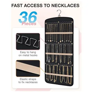 Organisateur de bijoux suspendu double face avec crochets métalliques et élastiques colliers.
