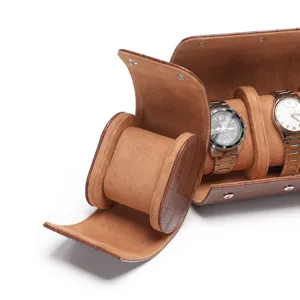 Bruine PU leer 3 vakken horloge rol opbergdoos draagbare reizen horloge etui case.