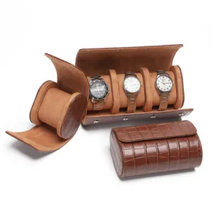 Gedetailleerd overzicht van bruine PU lederen krokodillenpatroon horloge opbergdoos.