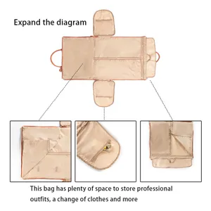 Portable PU garment travel bag expanded view showing interior pockets and suit storage details