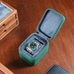 Groene TOGO rundleer horloge opbergdoos draagbare reisetui enkel horlogekoffer met rits