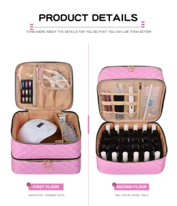 Gedetailleerd overzicht van roze dubbellaags cosmetictasje met vakken voor nagellak.