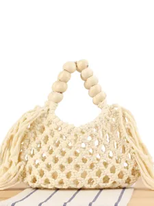 Women Woven Hollow Out Handbag Cotton Rope Tassel Beach Bag With Wooden Beads Handle Casual Holiday Tote Purse