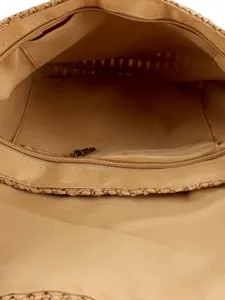 Classic woven straw handbag interior view, stylish casual beach shoulder bag for women.